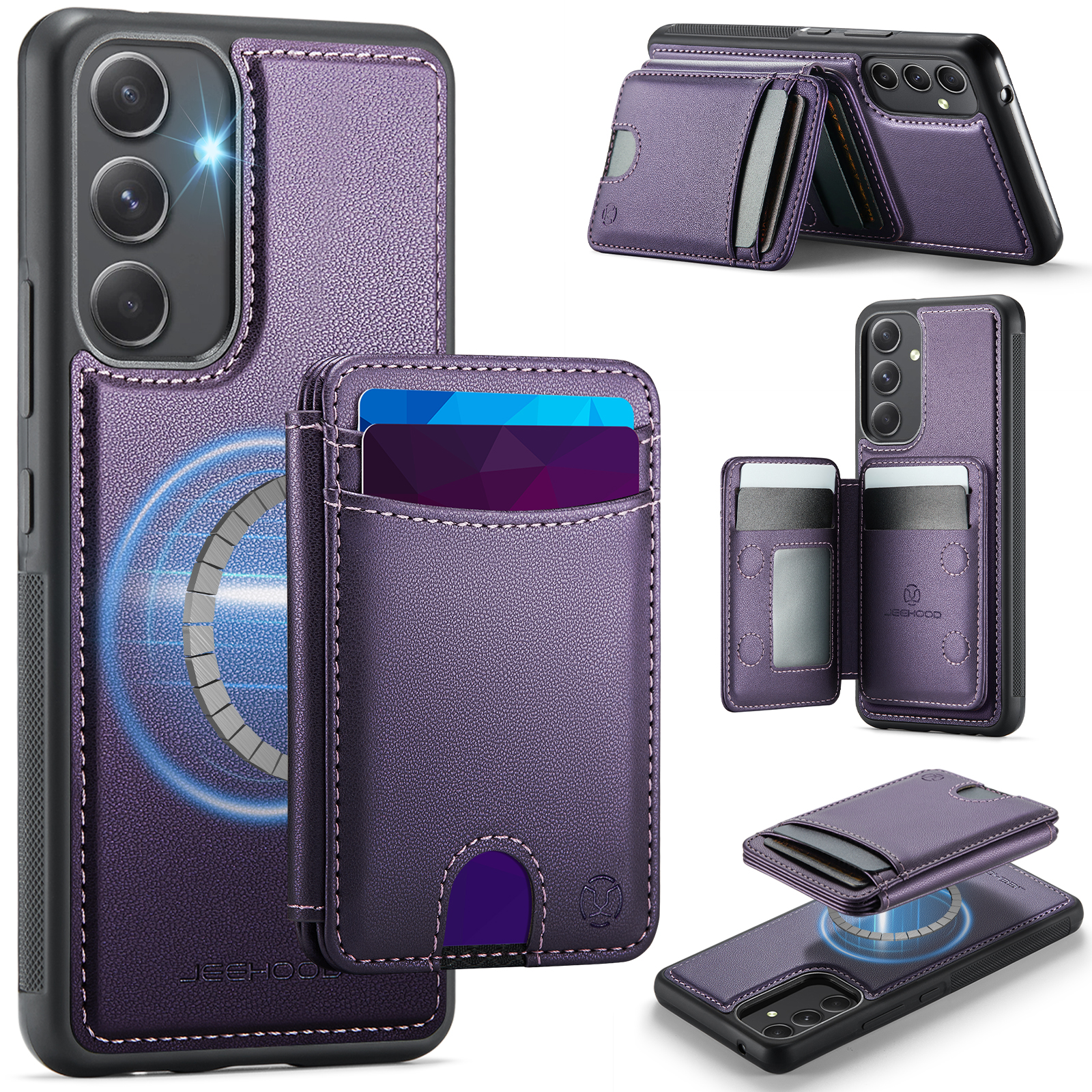 JEEHOOD For Samsung Galaxy A54 5G Magnetic Case J10 Leather Back Phone Cover with Detachable Card Holder Kickstand - Purple