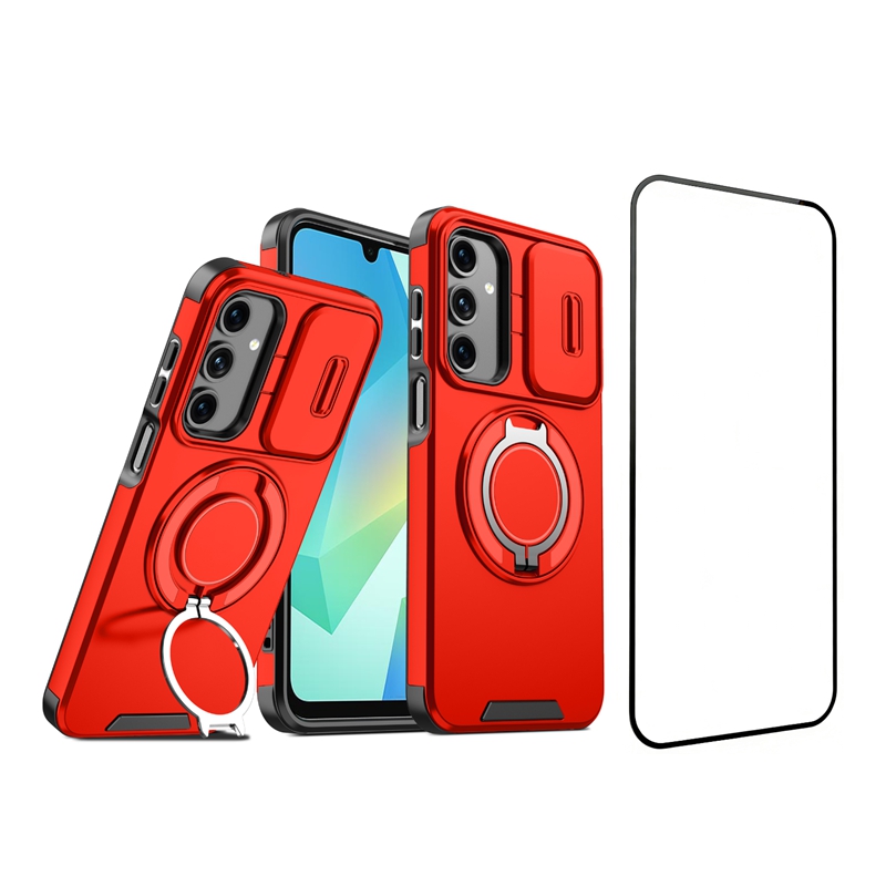 For Samsung Galaxy A14 5G / Galaxy A14 4G Magnetic Case with Screen Film / Slide Lens Cover / Kickstand TPU + PC Phone Shell - Red