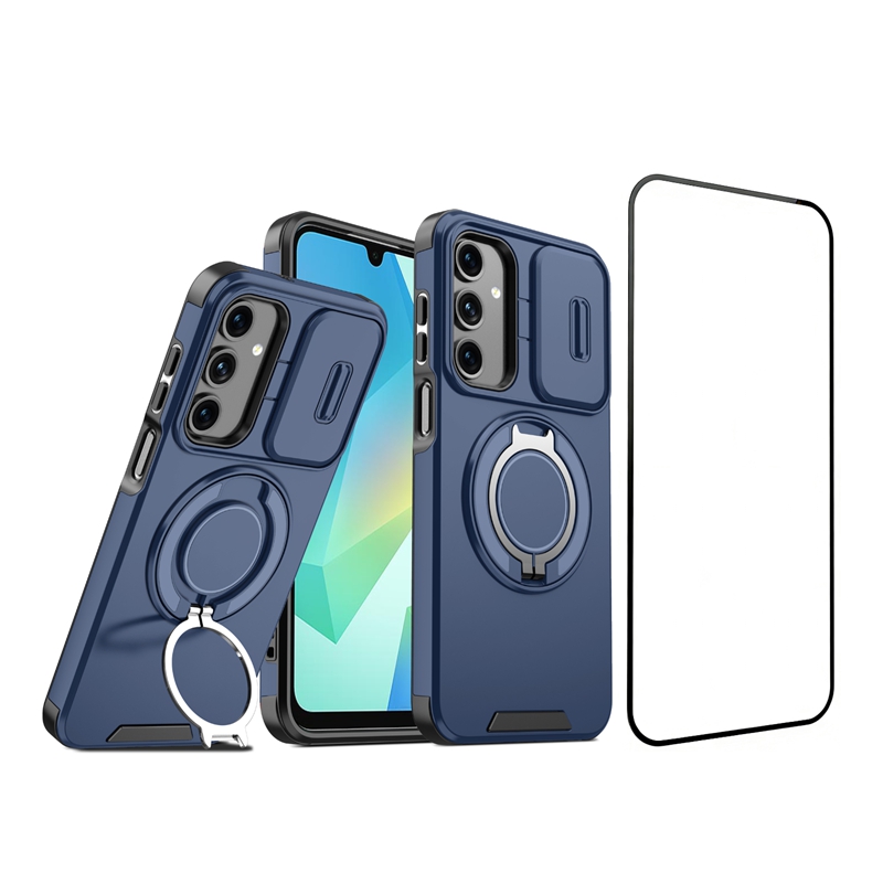For Samsung Galaxy A14 5G / Galaxy A14 4G Magnetic Case with Screen Film / Slide Lens Cover / Kickstand TPU + PC Phone Shell - Blue