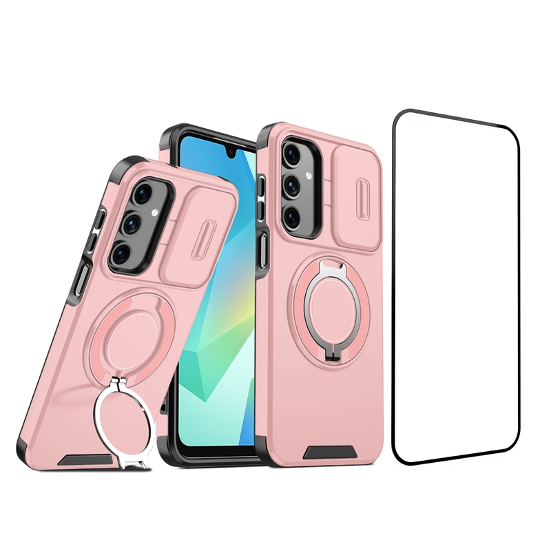 For Samsung Galaxy A14 5G / Galaxy A14 4G Magnetic Case with Screen Film / Slide Lens Cover / Kickstand TPU + PC Phone Shell - Pink