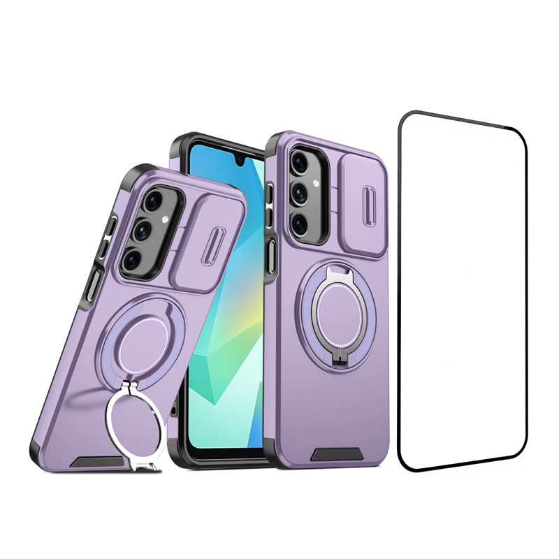 For Samsung Galaxy A14 5G / Galaxy A14 4G Magnetic Case with Screen Film / Slide Lens Cover / Kickstand TPU + PC Phone Shell - Purple