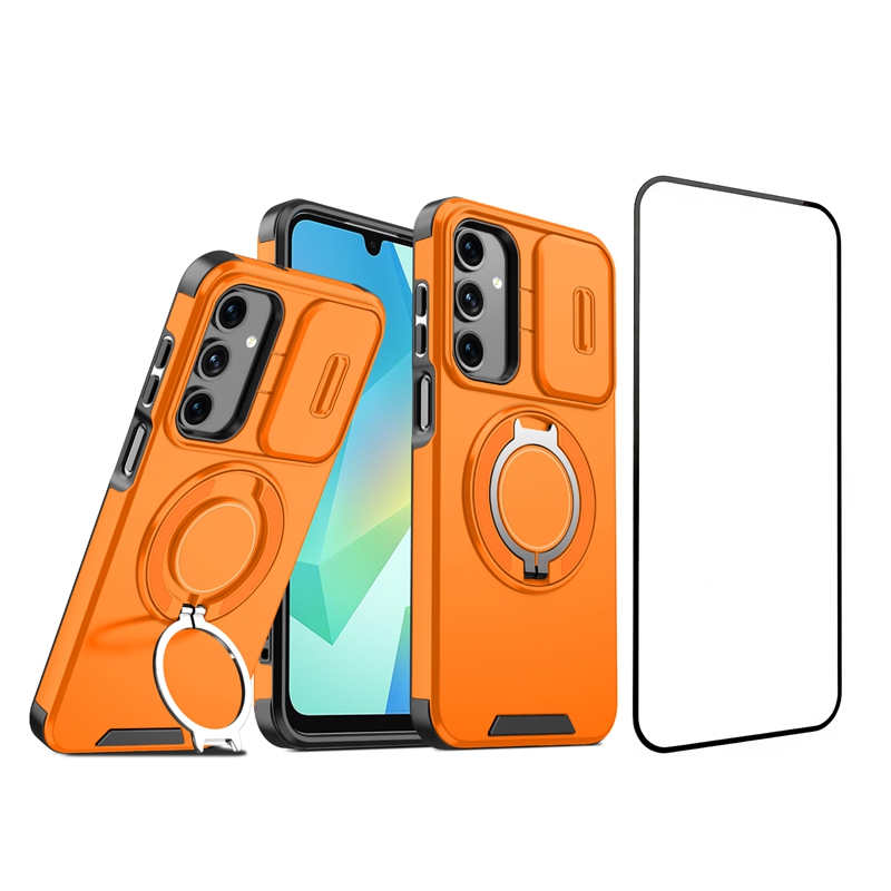 For Samsung Galaxy A14 5G / Galaxy A14 4G Magnetic Case with Screen Film / Slide Lens Cover / Kickstand TPU + PC Phone Shell - Orange