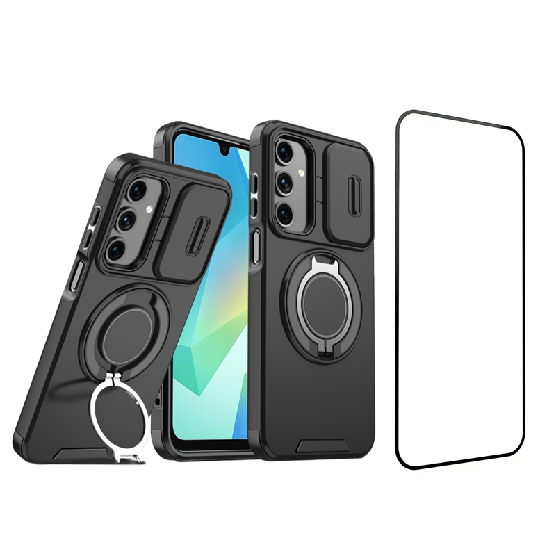 For Samsung Galaxy A14 5G / Galaxy A14 4G Magnetic Case with Screen Film / Slide Lens Cover / Kickstand TPU + PC Phone Shell - Black