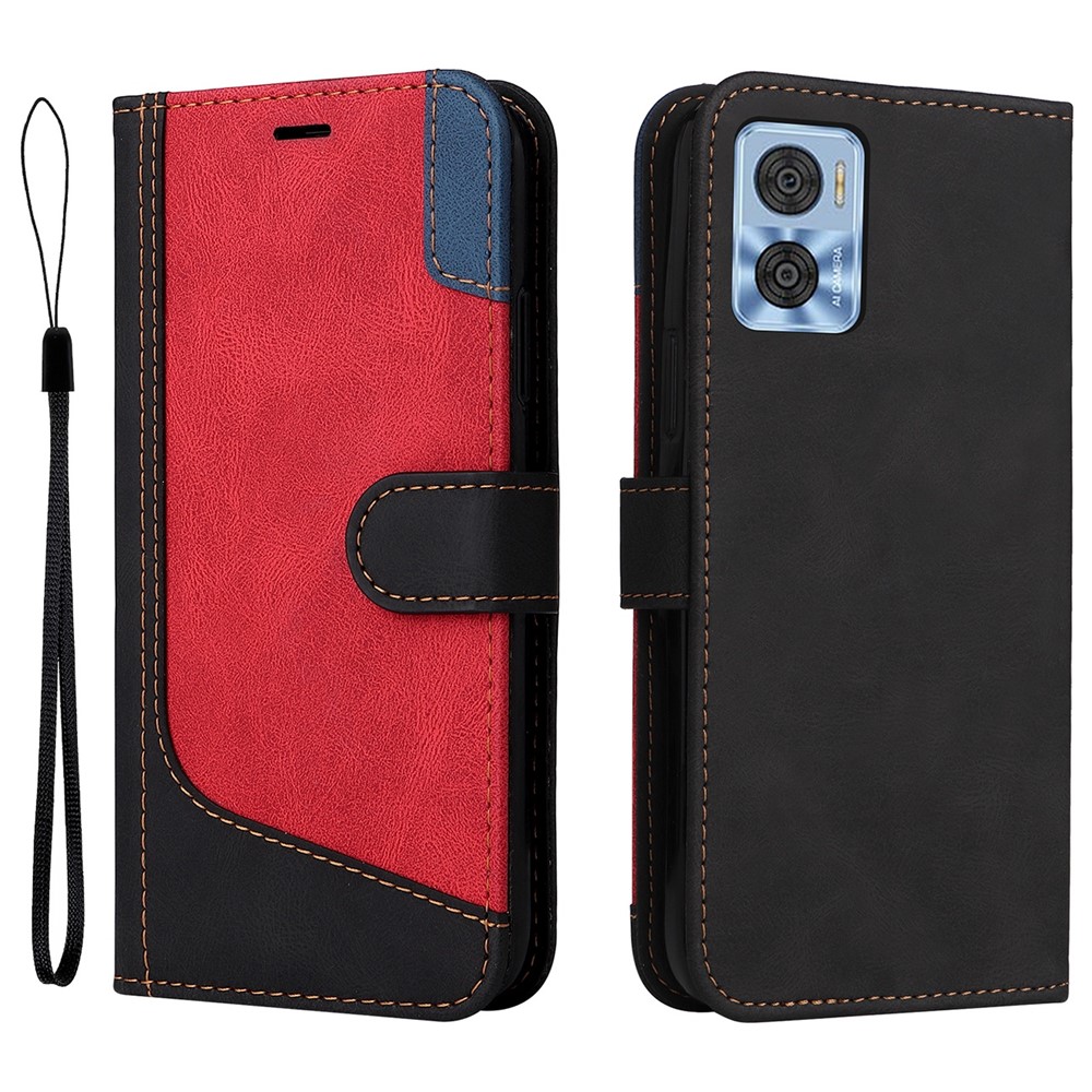 For Motorola Moto E22 4G PU Leather Three-color Splicing Wallet Case Full Body Protection Stand Magnetic Flip Phone Cover with Wrist Strap - Black-1