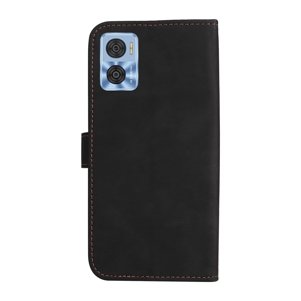 For Motorola Moto E22 4G PU Leather Three-color Splicing Wallet Case Full Body Protection Stand Magnetic Flip Phone Cover with Wrist Strap - Black-10