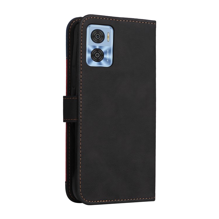 For Motorola Moto E22 4G PU Leather Three-color Splicing Wallet Case Full Body Protection Stand Magnetic Flip Phone Cover with Wrist Strap - Black-11