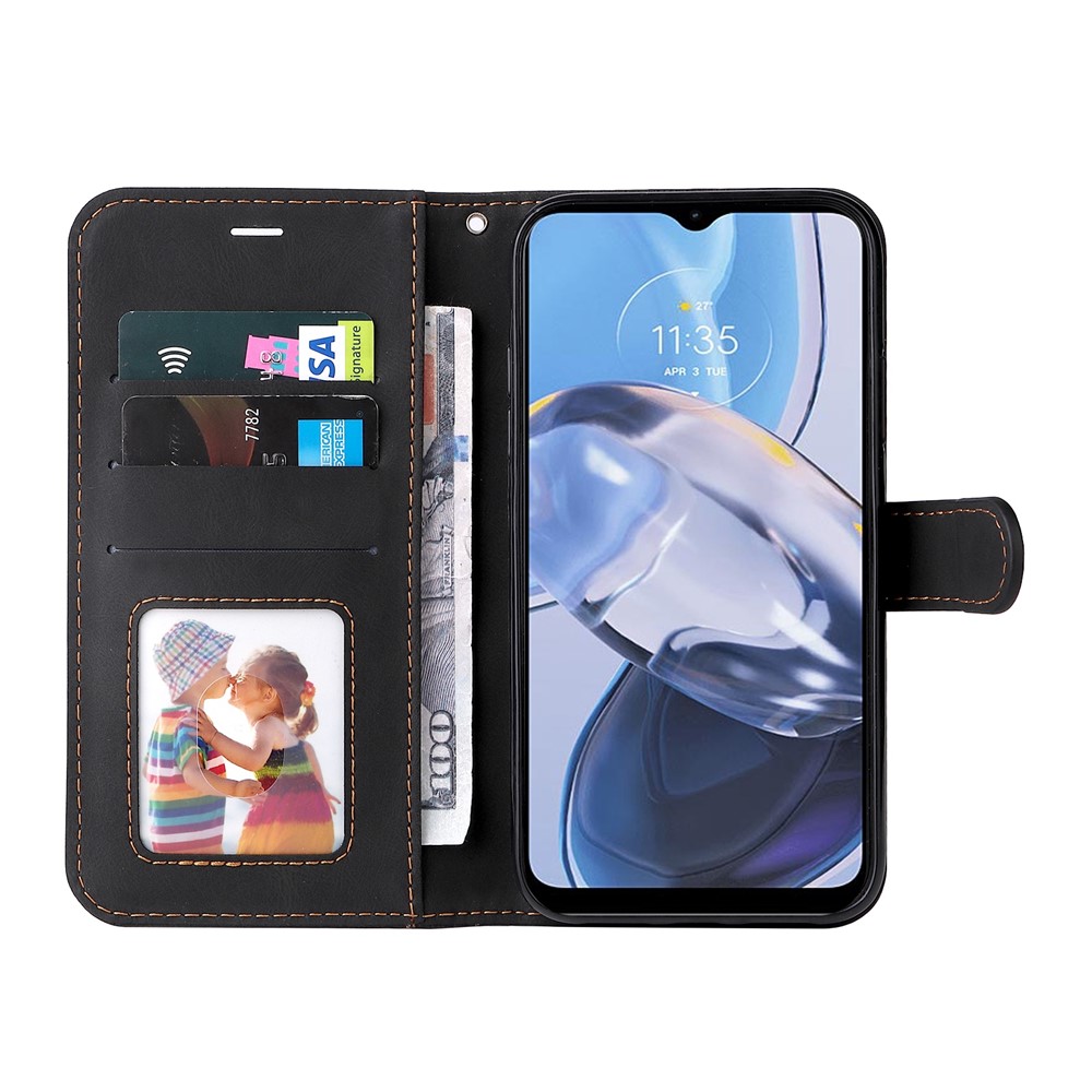 For Motorola Moto E22 4G PU Leather Three-color Splicing Wallet Case Full Body Protection Stand Magnetic Flip Phone Cover with Wrist Strap - Black-2