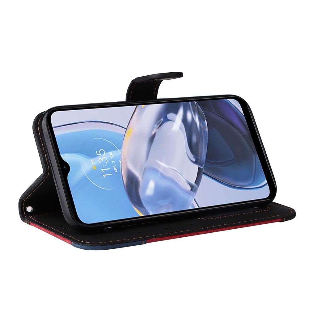 For Motorola Moto E22 4G PU Leather Three-color Splicing Wallet Case Full Body Protection Stand Magnetic Flip Phone Cover with Wrist Strap - Black-3