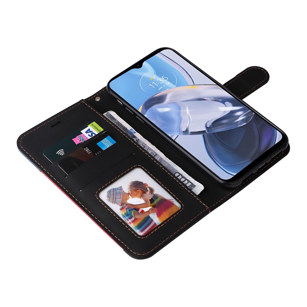 For Motorola Moto E22 4G PU Leather Three-color Splicing Wallet Case Full Body Protection Stand Magnetic Flip Phone Cover with Wrist Strap - Black-4