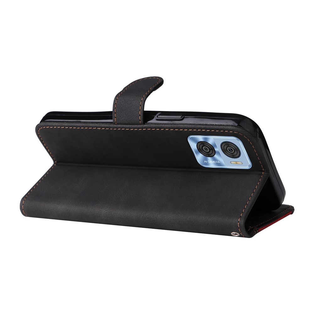 For Motorola Moto E22 4G PU Leather Three-color Splicing Wallet Case Full Body Protection Stand Magnetic Flip Phone Cover with Wrist Strap - Black-5