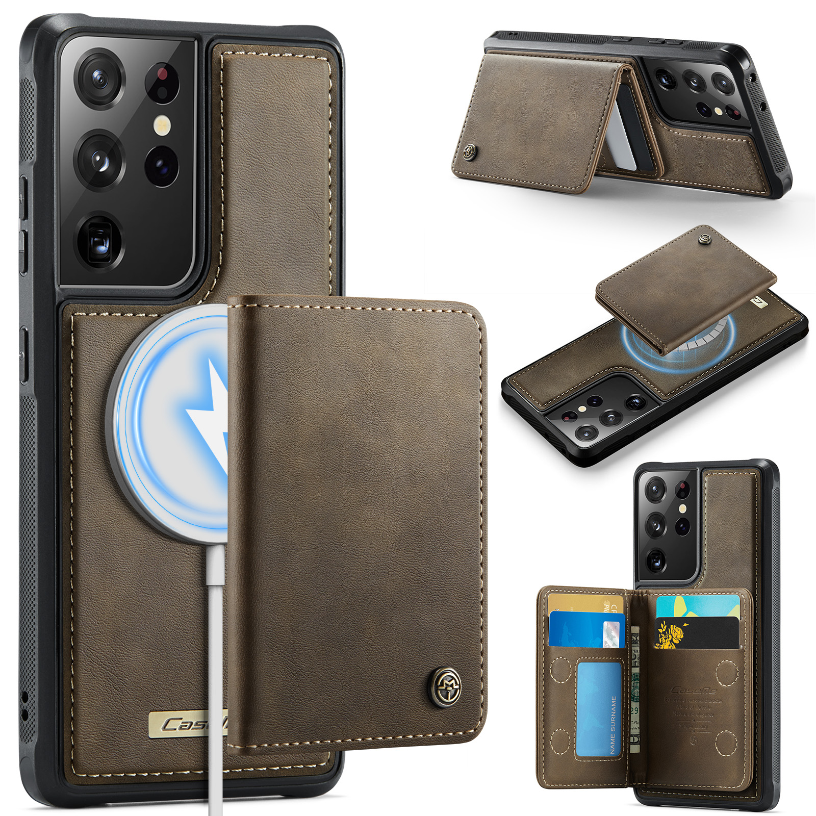 CASEME For Samsung Galaxy S21 Ultra 5G Magnetic Case  ME80 Series Leather PC TPU Phone Cover with Detachable Wallet - Coffee