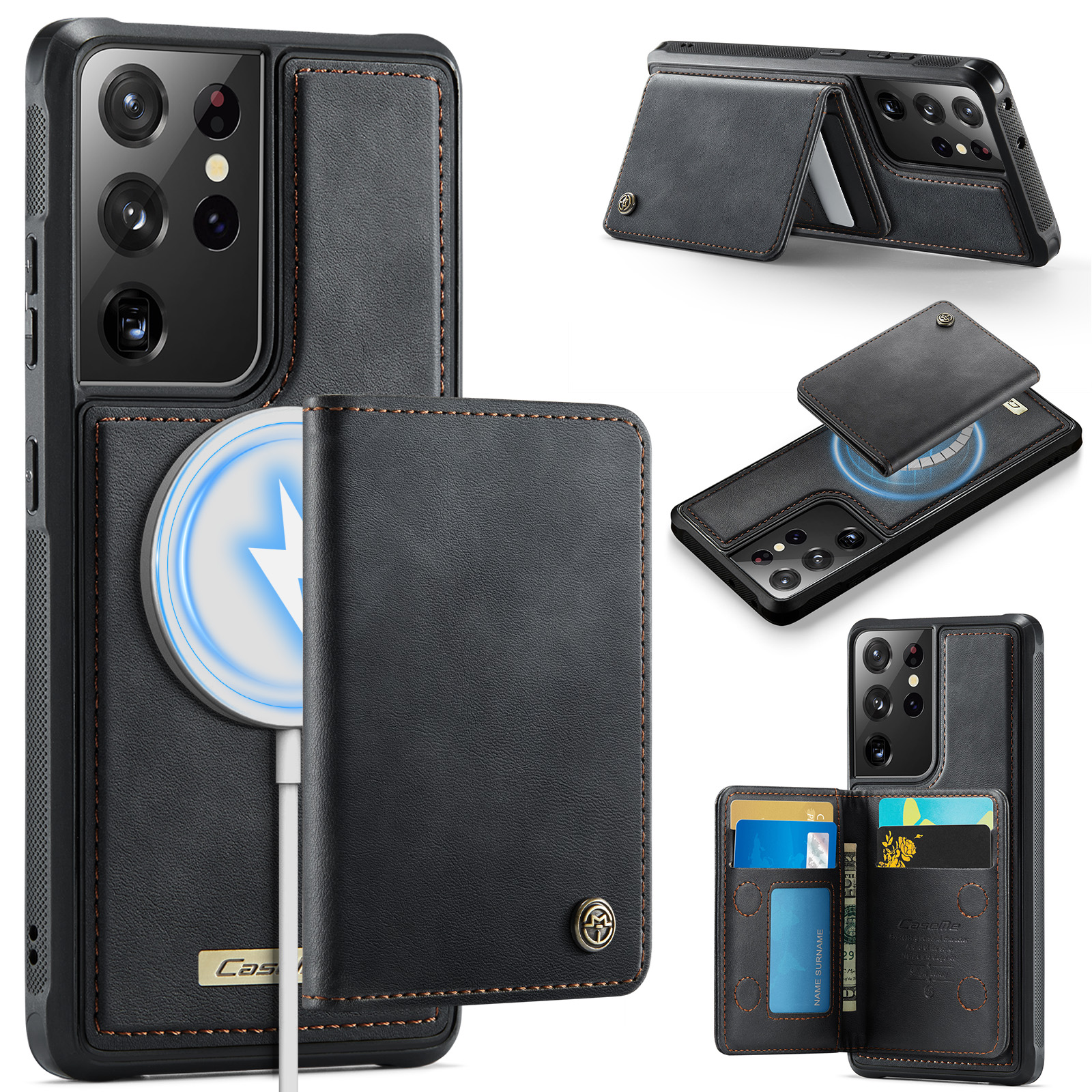 CASEME For Samsung Galaxy S21 Ultra 5G Magnetic Case  ME80 Series Leather PC TPU Phone Cover with Detachable Wallet - Black