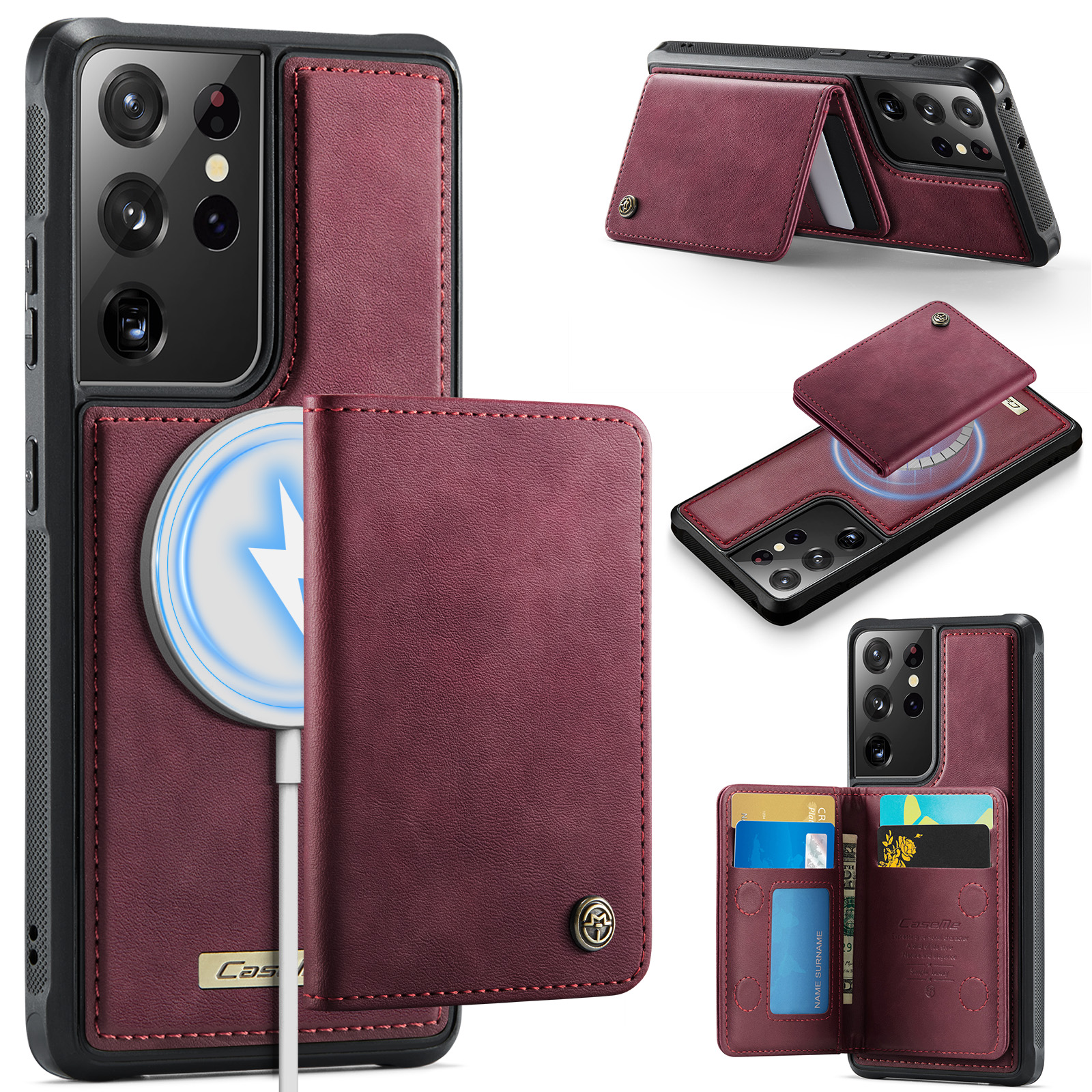 CASEME For Samsung Galaxy S21 Ultra 5G Magnetic Case  ME80 Series Leather PC TPU Phone Cover with Detachable Wallet - Red