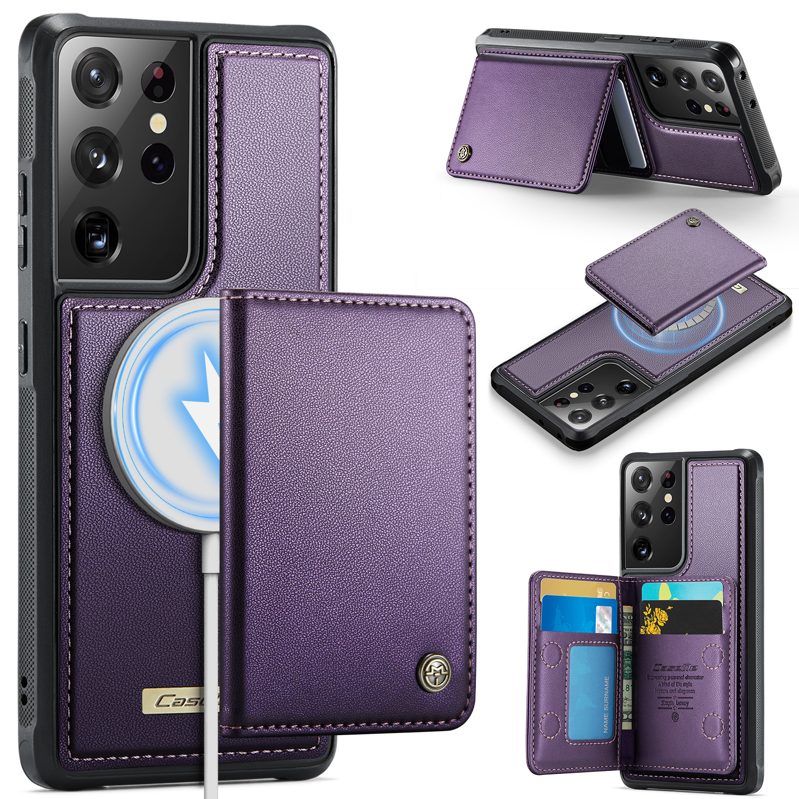 CASEME For Samsung Galaxy S21 Ultra 5G Magnetic Case  ME80 Series Leather PC TPU Phone Cover with Detachable Wallet - Purple