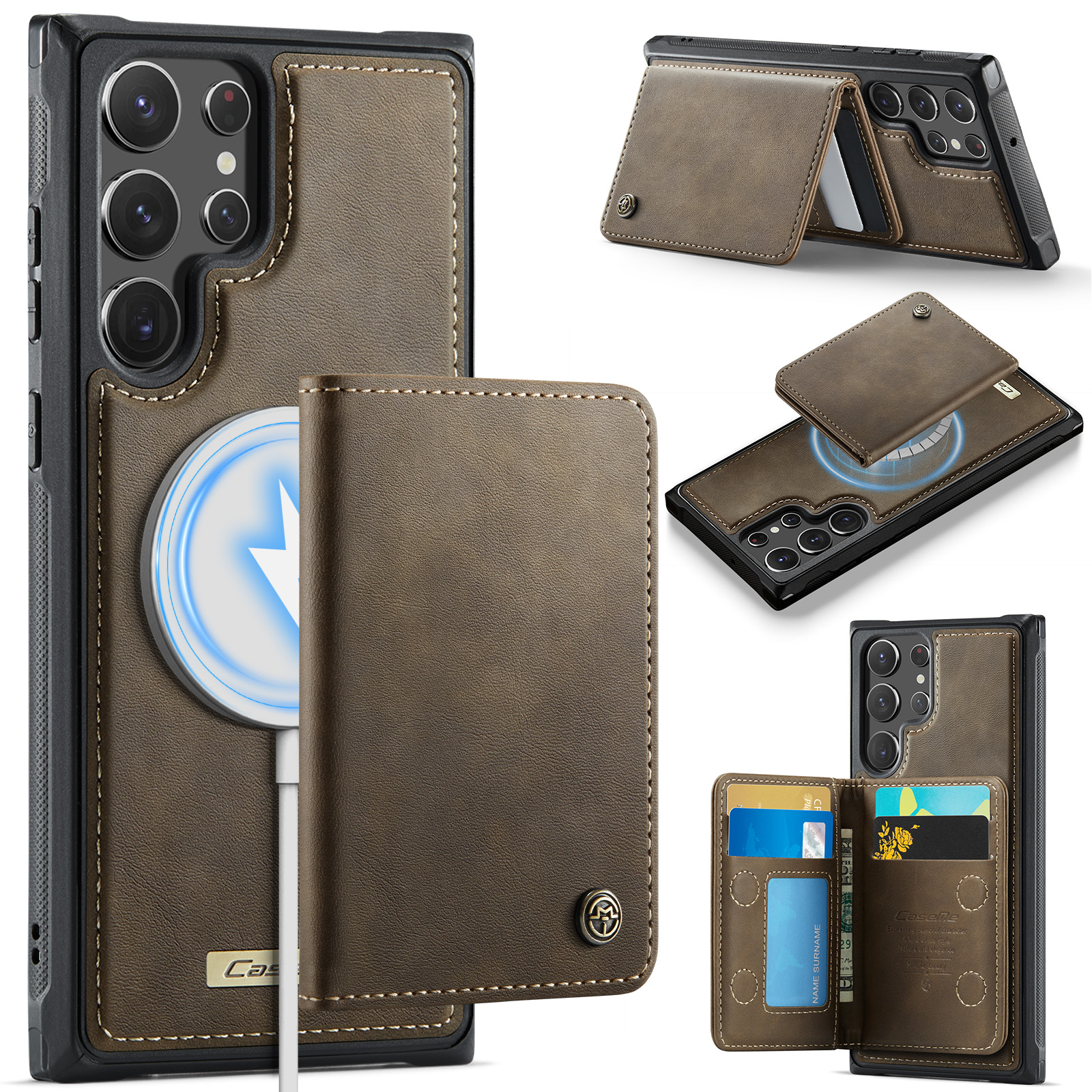 CASEME For Samsung Galaxy S22 Ultra 5G Magnetic Case  ME80 Series Leather PC TPU Phone Cover with Detachable Wallet - Coffee