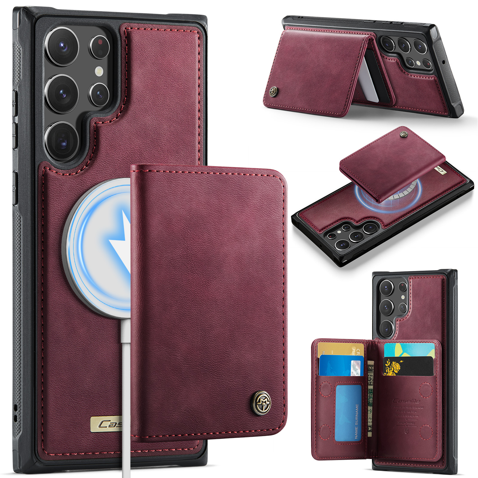CASEME For Samsung Galaxy S22 Ultra 5G Magnetic Case  ME80 Series Leather PC TPU Phone Cover with Detachable Wallet - Red