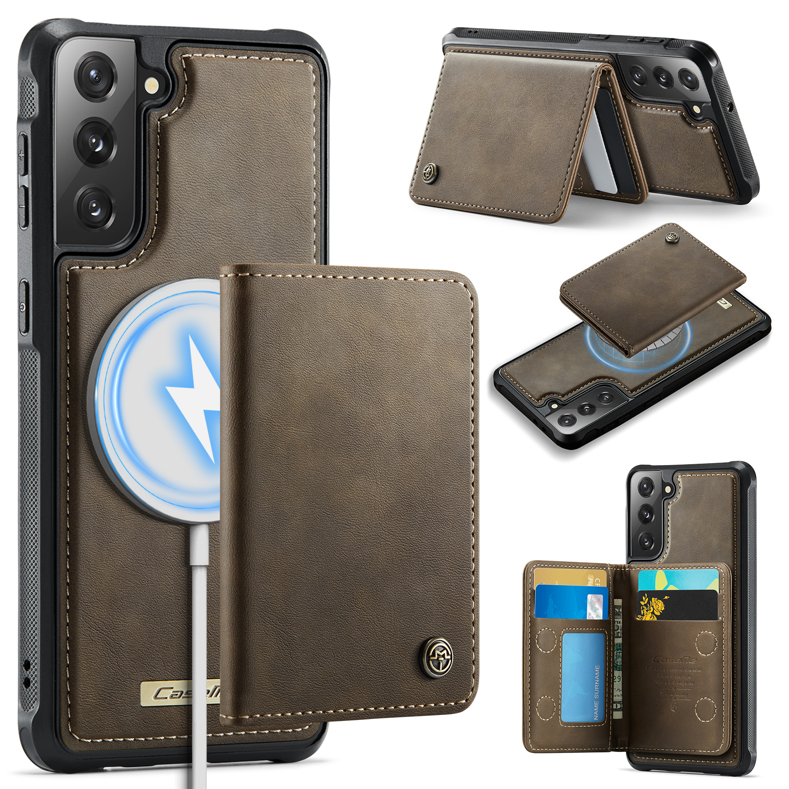 CASEME For Samsung Galaxy S21 FE 5G Magnetic Case  ME80 Series Leather PC TPU Phone Cover with Detachable Wallet - Coffee