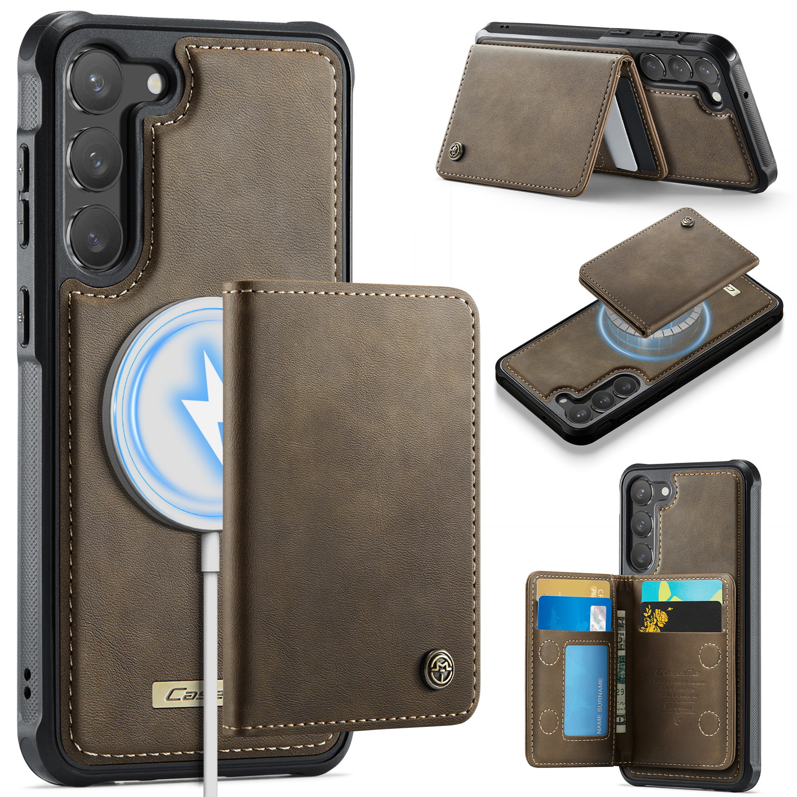 CASEME For Samsung Galaxy S23+ Magnetic Case  ME80 Series Leather PC TPU Phone Cover with Detachable Wallet - Coffee
