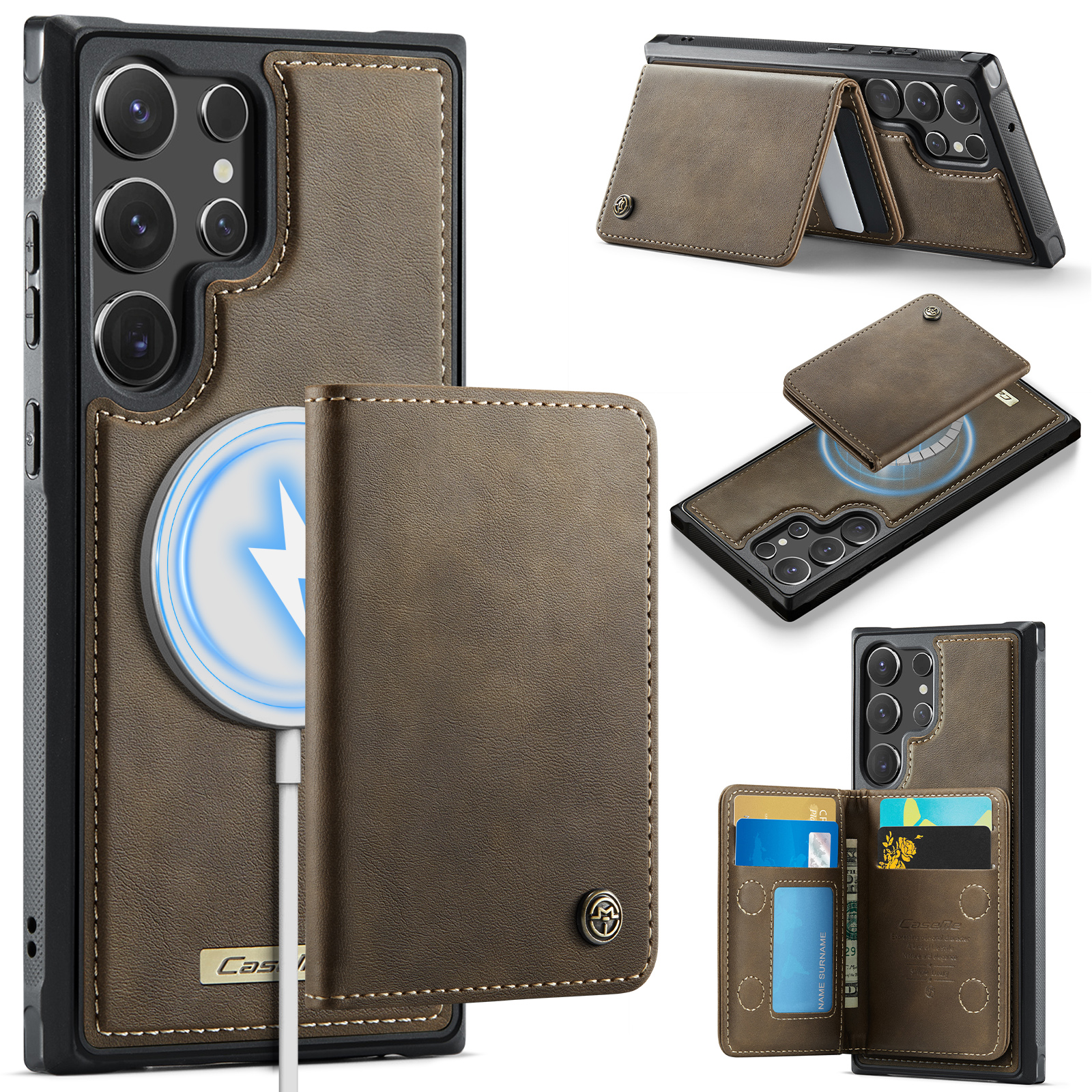 CASEME For Samsung Galaxy S23 Ultra Magnetic Case ME80 Series Leather PC TPU Phone Cover with Detachable Wallet - Coffee