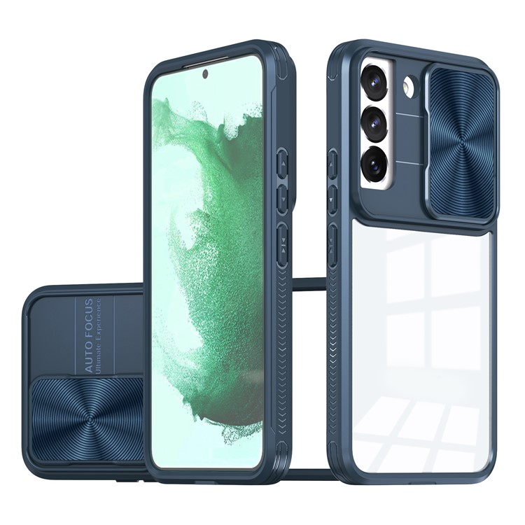 For Samsung Galaxy S22 5G Shockproof Case TPU+PC+Acrylic+Metal Anti-Drop Case Camera Slider Lid Design Phone Case - Navy Blue-1
