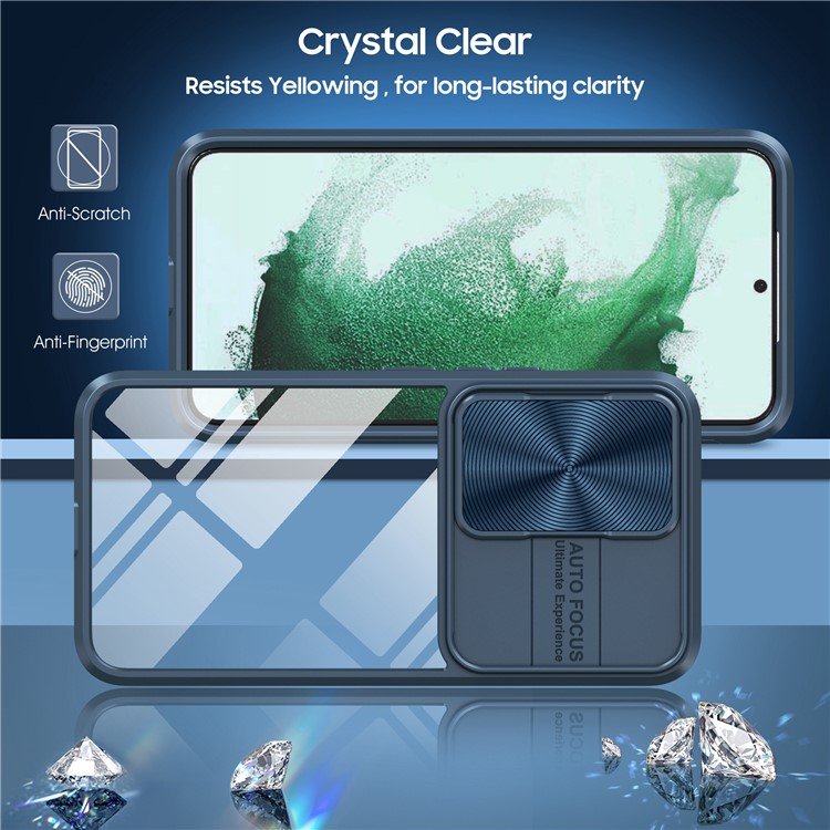 For Samsung Galaxy S22 5G Shockproof Case TPU+PC+Acrylic+Metal Anti-Drop Case Camera Slider Lid Design Phone Case - Navy Blue-2