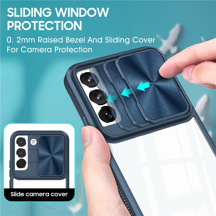 For Samsung Galaxy S22 5G Shockproof Case TPU+PC+Acrylic+Metal Anti-Drop Case Camera Slider Lid Design Phone Case - Navy Blue-3