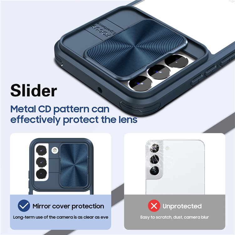 For Samsung Galaxy S22 5G Shockproof Case TPU+PC+Acrylic+Metal Anti-Drop Case Camera Slider Lid Design Phone Case - Navy Blue-4
