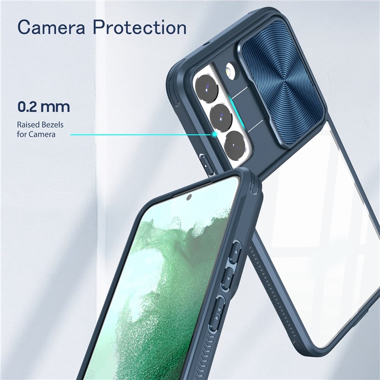 For Samsung Galaxy S22 5G Shockproof Case TPU+PC+Acrylic+Metal Anti-Drop Case Camera Slider Lid Design Phone Case - Navy Blue-5