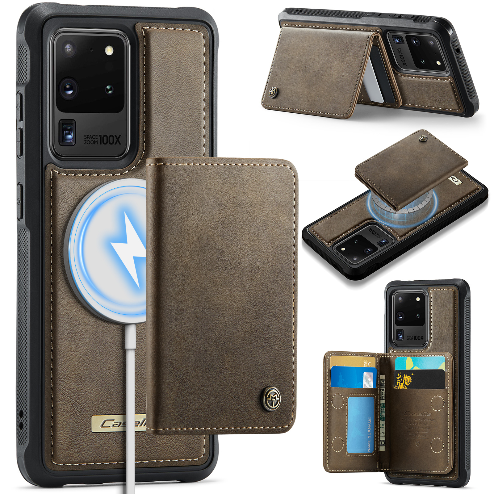 CASEME For Samsung Galaxy S20 Ultra Magnetic Case  ME80 Series Leather PC TPU Phone Cover with Detachable Wallet - Coffee