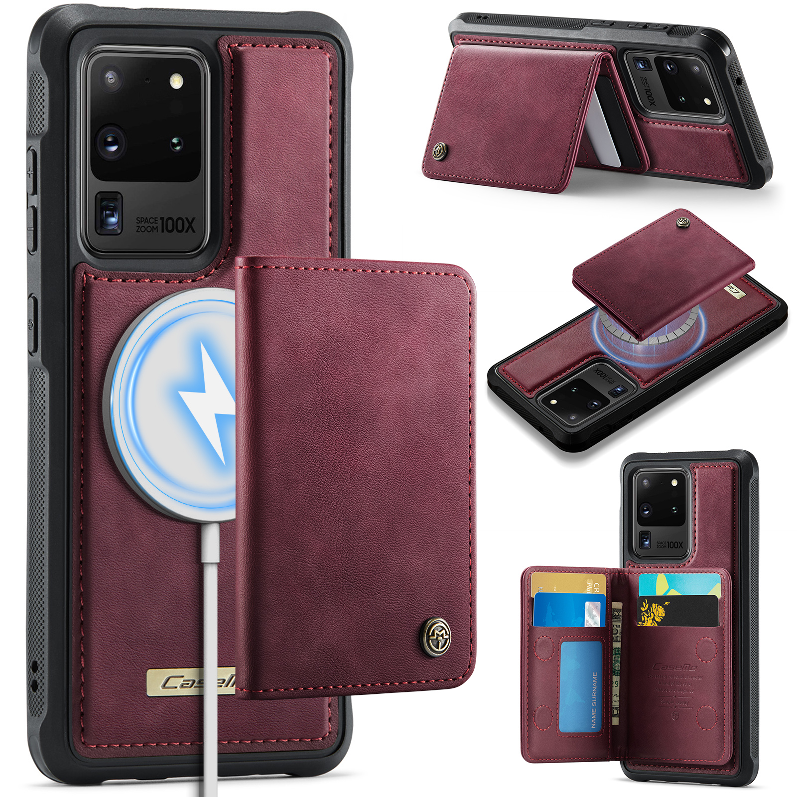 CASEME For Samsung Galaxy S20 Ultra Magnetic Case  ME80 Series Leather PC TPU Phone Cover with Detachable Wallet - Red