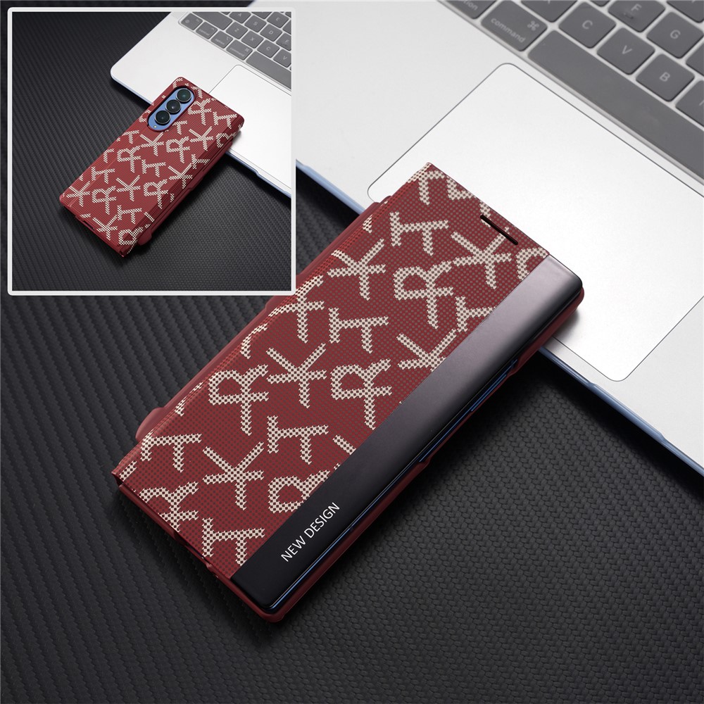 For Samsung Galaxy Z Fold3 5G Case Geometric Pixel Pattern Kickstand Foldable PC Phone Cover with Stylus - Red