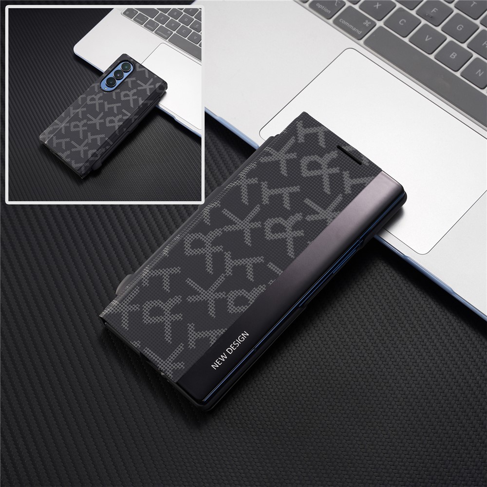 For Samsung Galaxy Z Fold3 5G Case Geometric Pixel Pattern Kickstand Foldable PC Phone Cover with Stylus - Black