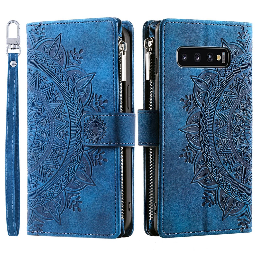 Mandala Flower Imprinted PU Leather Case for Samsung Galaxy S10 Plus 4G Magnetic Clasp Protection Cover with Zippered Wallet / Strap - Blue