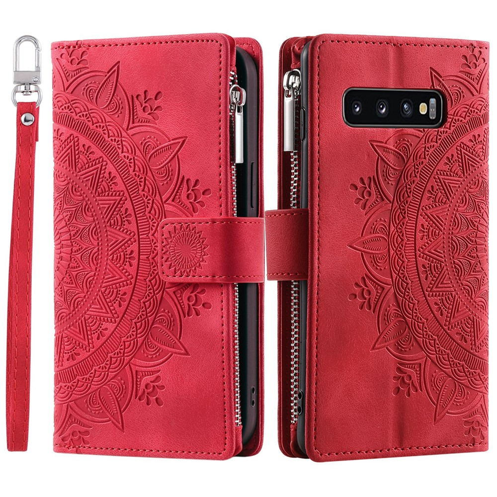 Mandala Flower Imprinted PU Leather Case for Samsung Galaxy S10 Plus 4G Magnetic Clasp Protection Cover with Zippered Wallet / Strap - Red