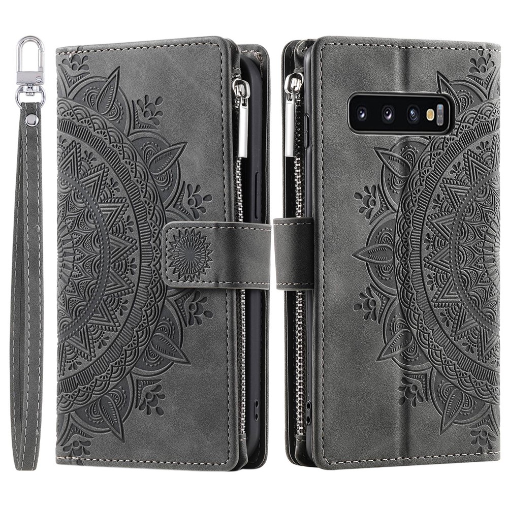 Mandala Flower Imprinted PU Leather Case for Samsung Galaxy S10 Plus 4G Magnetic Clasp Protection Cover with Zippered Wallet / Strap - Grey