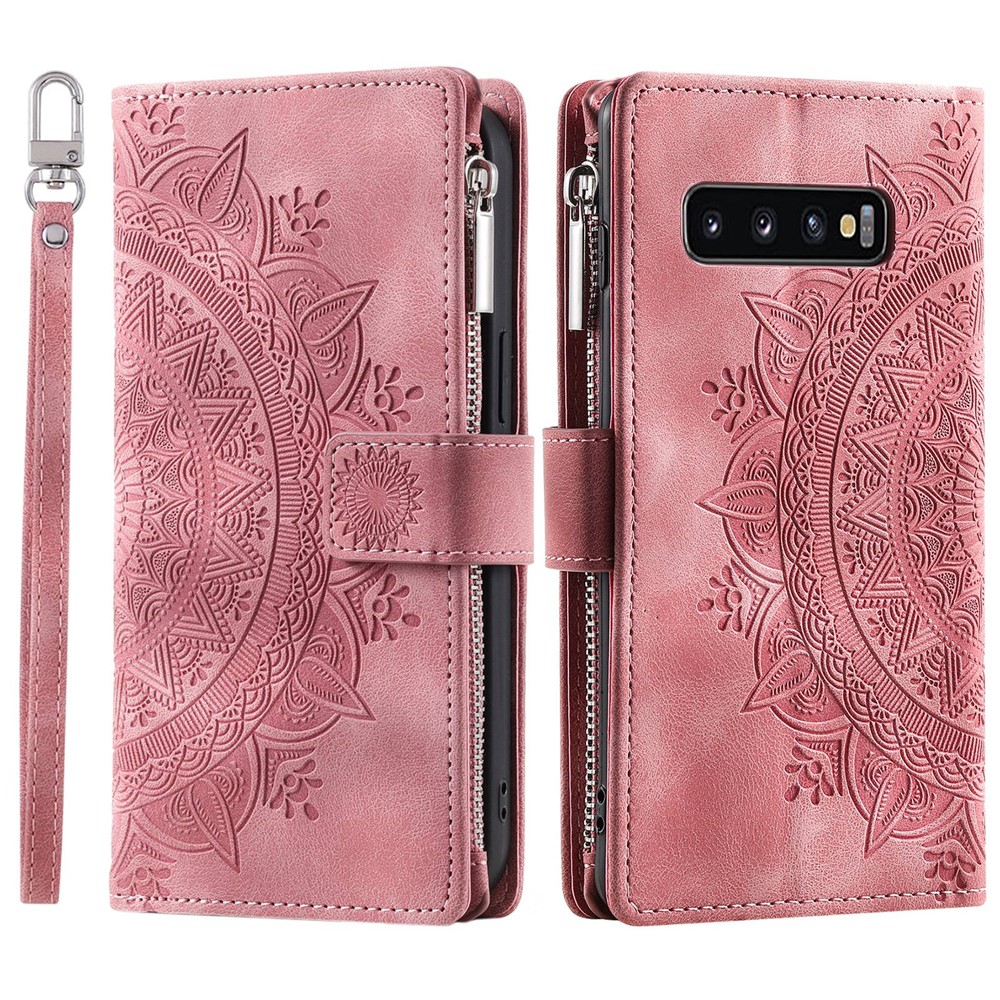 Mandala Flower Imprinted PU Leather Case for Samsung Galaxy S10 Plus 4G Magnetic Clasp Protection Cover with Zippered Wallet / Strap - Rose Gold