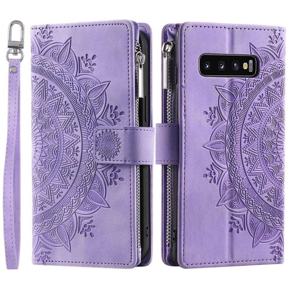Mandala Flower Imprinted PU Leather Case for Samsung Galaxy S10 Plus 4G Magnetic Clasp Protection Cover with Zippered Wallet / Strap - Purple