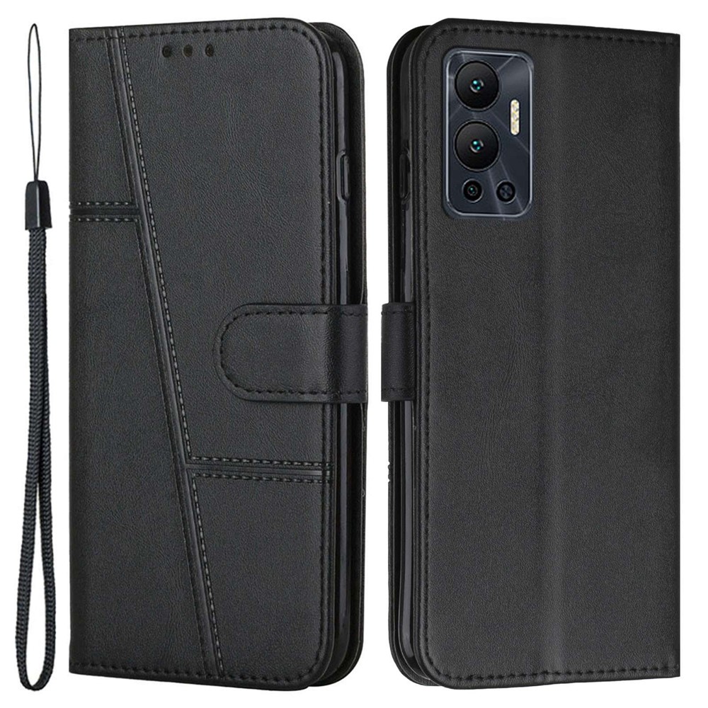 For Infinix Hot 12 4G Stand Wallet Stitching PU Leather Case Full Protection TPU Phone Cover with Strap - Black-1