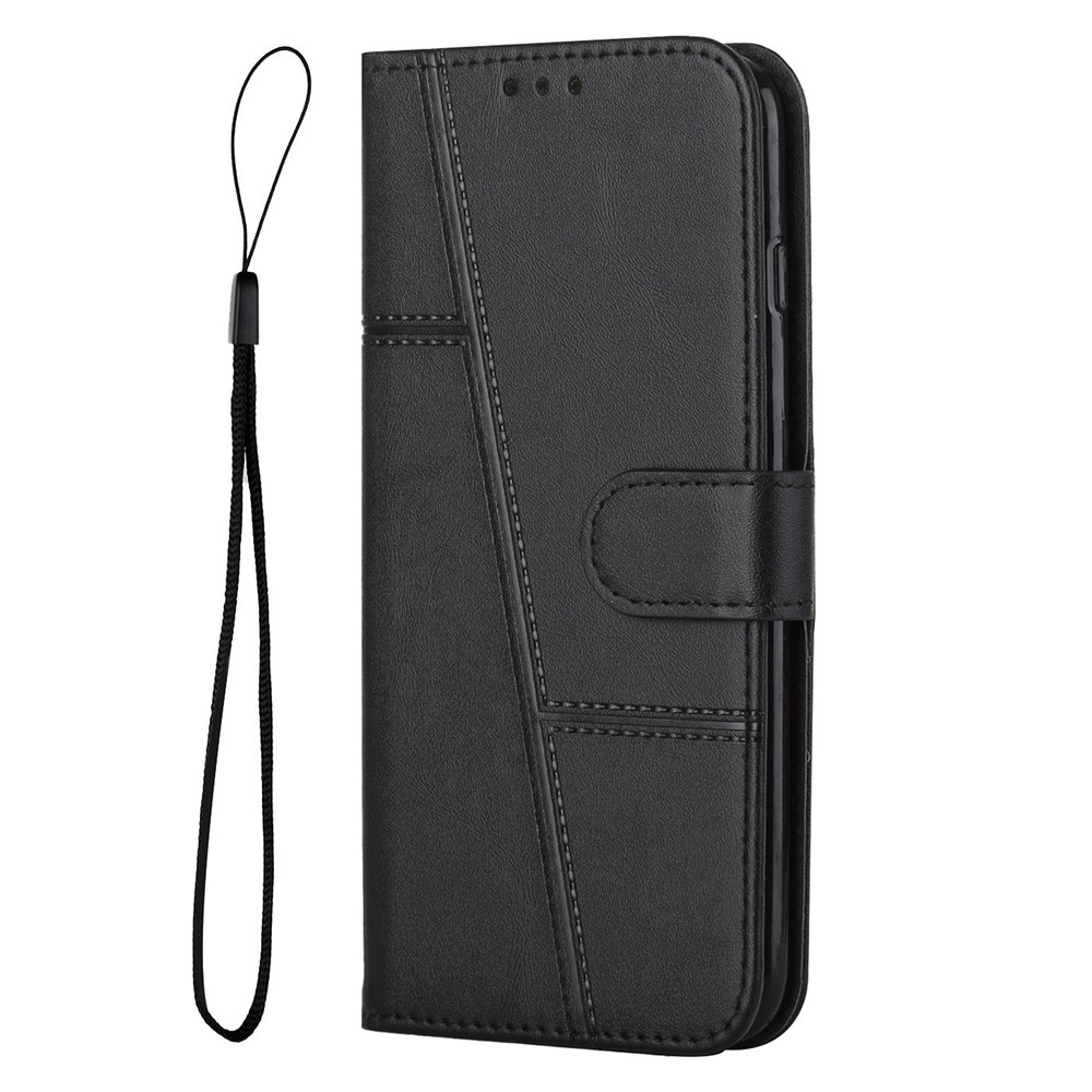 For Infinix Hot 12 4G Stand Wallet Stitching PU Leather Case Full Protection TPU Phone Cover with Strap - Black-9