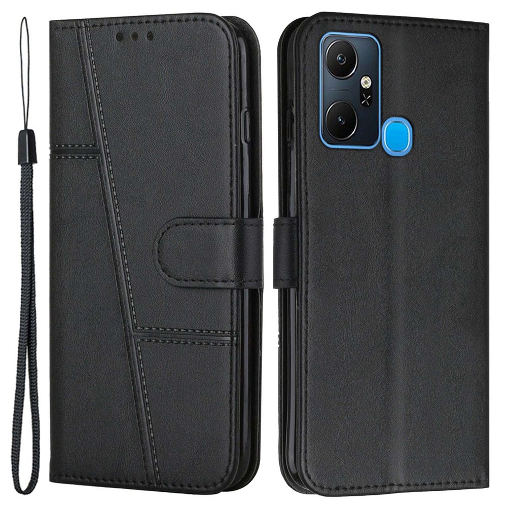 For Infinix Smart 6 Plus (India) 4G Stitching PU Leather Phone Cover Folio Flip Stand Wallet Magnetic Clasp Case with Strap - Black-1
