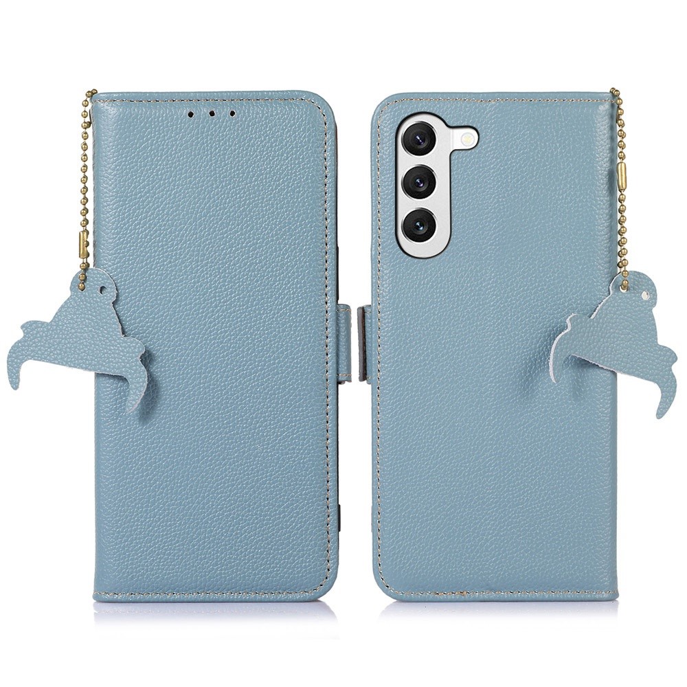 Genuine Leather Case for Samsung Galaxy S23 Plus 5G, Side Magnetic Closure Phone Case RFID Blocking Wallet Phone Cover with Stand - Blue-1