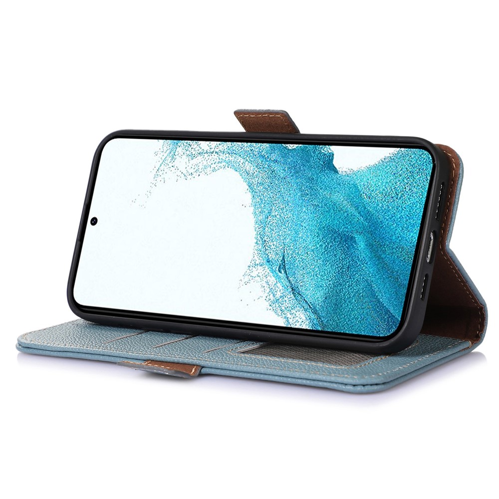 Genuine Leather Case for Samsung Galaxy S23 Plus 5G, Side Magnetic Closure Phone Case RFID Blocking Wallet Phone Cover with Stand - Blue-3