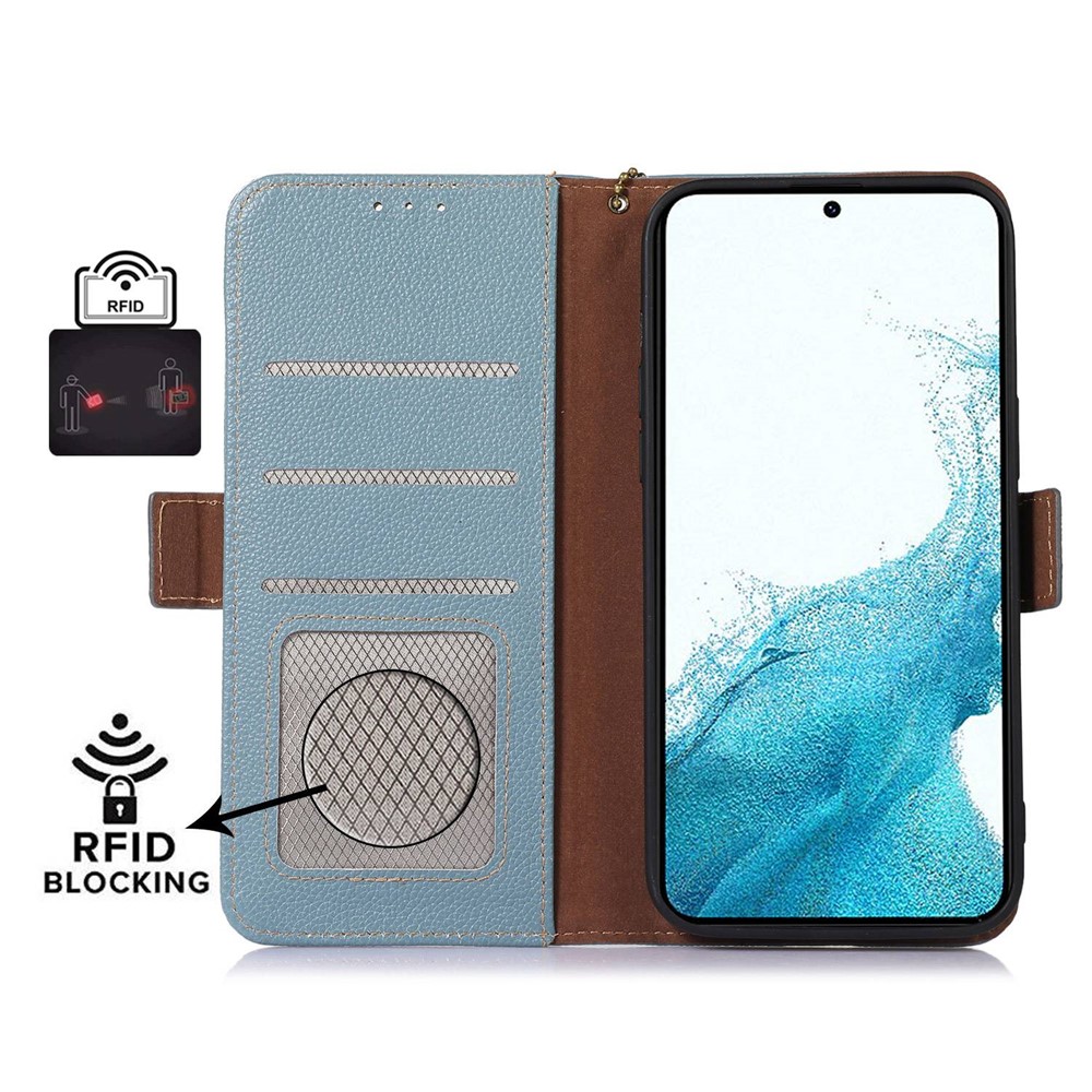 Genuine Leather Case for Samsung Galaxy S23 Plus 5G, Side Magnetic Closure Phone Case RFID Blocking Wallet Phone Cover with Stand - Blue-4