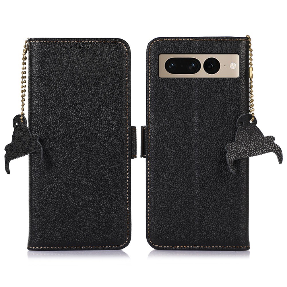 Genuine Leather Case for Google Pixel 7 Pro 5G, Shockproof Side Magnetic Closure Phone Case RFID Blocking Wallet Phone Cover with Stand - Black-1