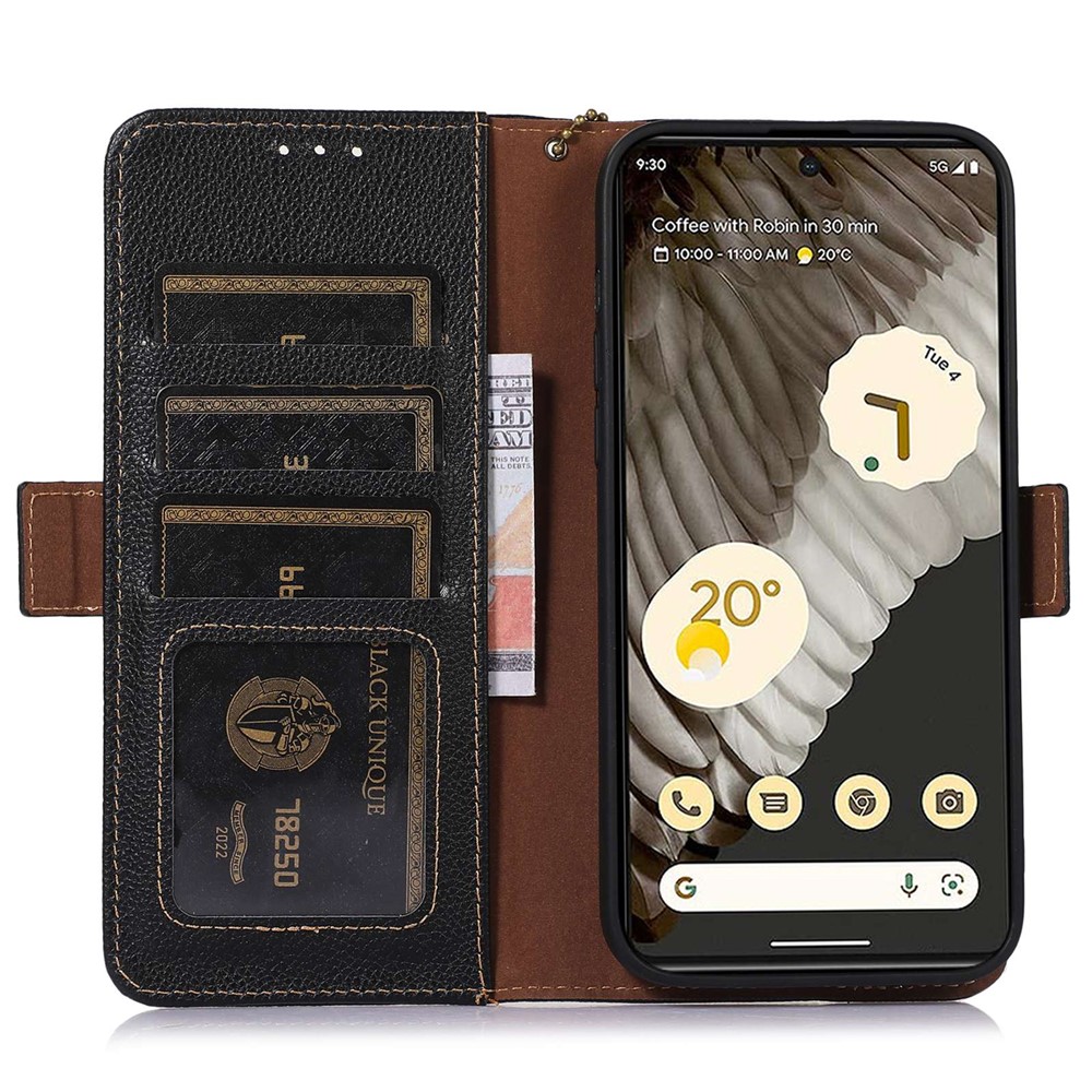 Genuine Leather Case for Google Pixel 7 Pro 5G, Shockproof Side Magnetic Closure Phone Case RFID Blocking Wallet Phone Cover with Stand - Black-2
