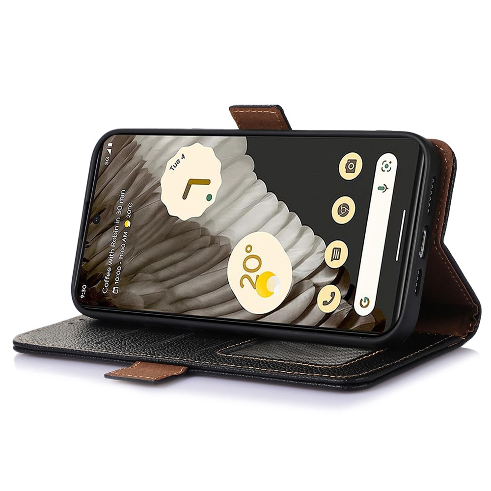 Genuine Leather Case for Google Pixel 7 Pro 5G, Shockproof Side Magnetic Closure Phone Case RFID Blocking Wallet Phone Cover with Stand - Black-3