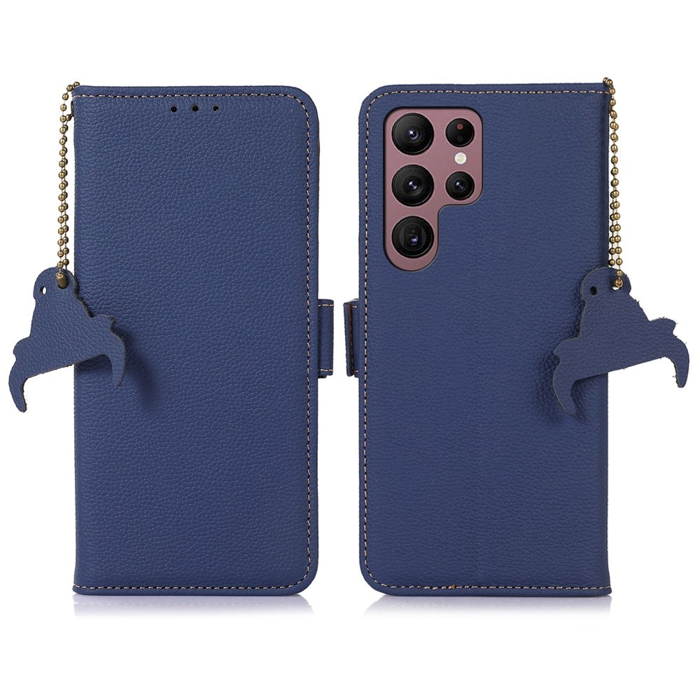 Genuine Leather Case for Samsung Galaxy S22 Ultra 5G, Scratch Proof Side Magnetic Closure Phone Case RFID Blocking Wallet Phone Cover with Stand - Sapphire-1