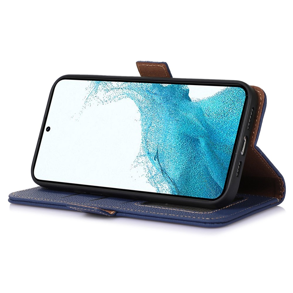 Genuine Leather Case for Samsung Galaxy S22 Ultra 5G, Scratch Proof Side Magnetic Closure Phone Case RFID Blocking Wallet Phone Cover with Stand - Sapphire-3