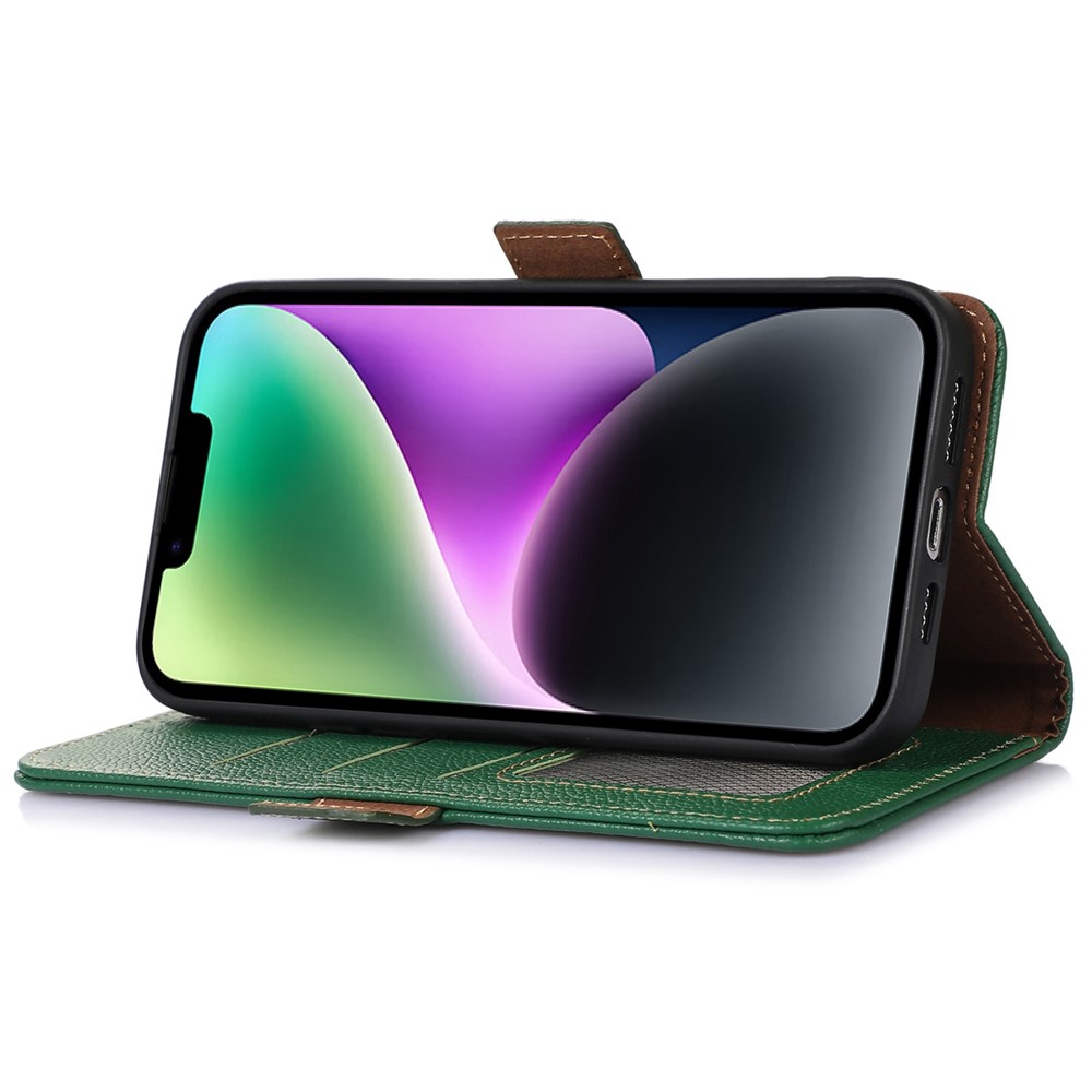 Genuine Leather Case for iPhone 14, Anti-drop Side Magnetic Closure Phone Case RFID Blocking Wallet Phone Cover with Stand - Green-3