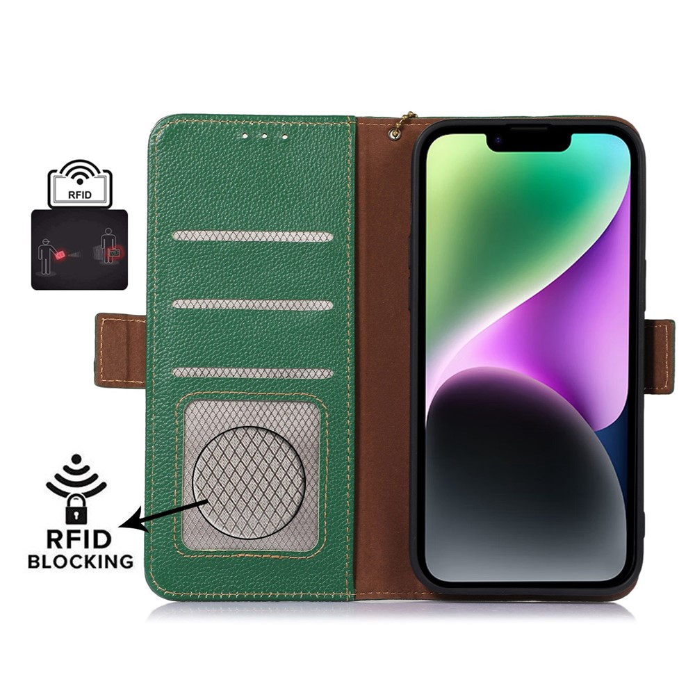 Genuine Leather Case for iPhone 14, Anti-drop Side Magnetic Closure Phone Case RFID Blocking Wallet Phone Cover with Stand - Green-4